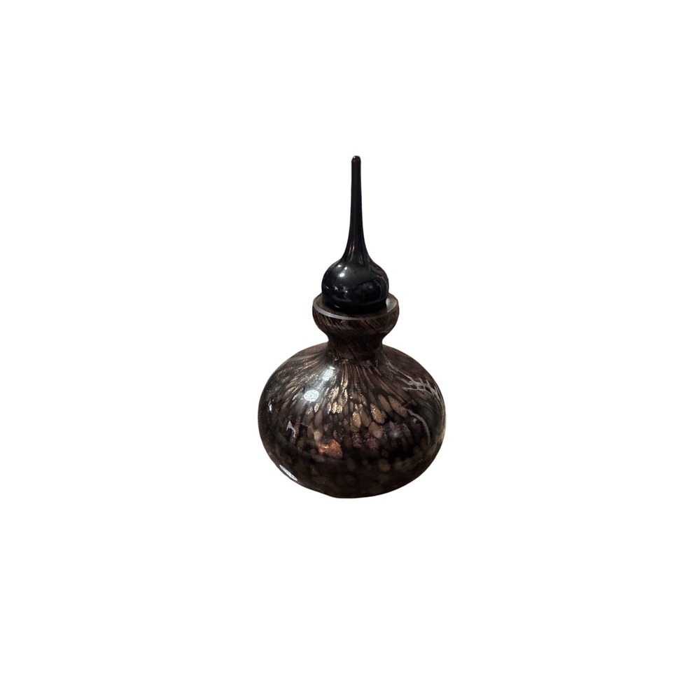 Murano Style Black &Gold Flake Art Glass Perfume Bottle Hand Blown Black Stopper